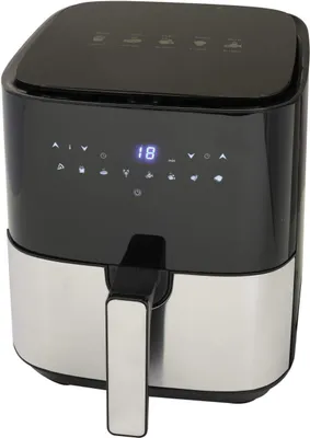 A black and silver air fryer is shown against a white background.