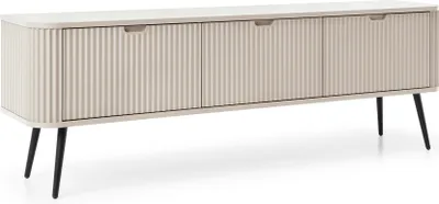 A modern TV cabinet with three doors and black metal legs, presented against a white background.