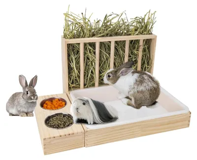 3-in-1 Kaninchen Heuraufe mit Katzenklo und 2 Näpfen, Holz
