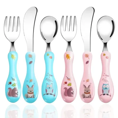 Kinderbesteck-Set, 6-teilig, Edelstahl, Blau/Rosa