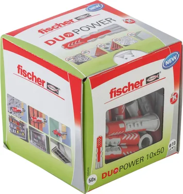 Obrázek produktu pro fischer DuoPower 10 x 50, univerzální hmoždinka, vysoce účinná dvousložková hmoždinka, plastová hmoždinka pro upevnění do betonu, cihel, kamene, sádrokartonu a dalších materiálů, bez šroubů, 50 kusů