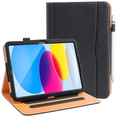 Immagine prodotto di Custodia per iPad di 11ª/10ª generazione, da 11/10,9 pollici, colore nero, in ecopelle, con supporto e funzione di auto-risveglio/spegnimento
