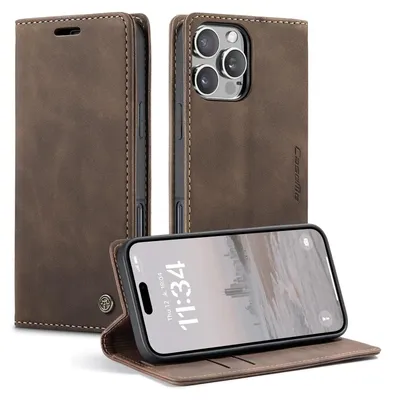A dark brown leather flip case for an iPhone 13 Pro is displayed from multiple angles, including a front view with the phone open and a side view of the closed case.