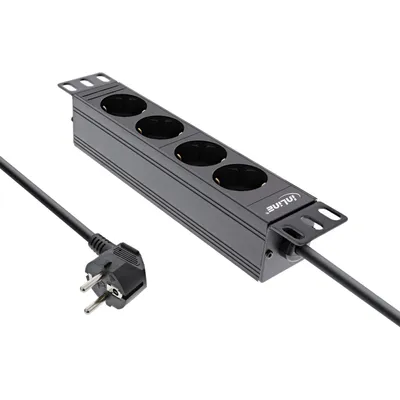 Produktbild von InLine 10" Steckdosenleiste, 4-fach Schutzkontakt, ohne Schalter, 2m, schwarz, 4 AC-Ausgänge, Typ F, Schwarz, Aluminium, Kunststoff, 1U, 2 m