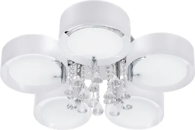 A white, modern ceiling light fixture with five crystal pendants.