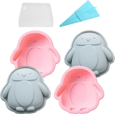 Produktbild von 4 Packungen Schichtkuchenformen, Silikon-Pfannkuchenformen,4 Zoll Novetly-Kuchenformen, Schnellverschluss-Schicht-Regenbogen-Backform Für Hochzeit, Geburtstag, Weihnachten(Pinguin)