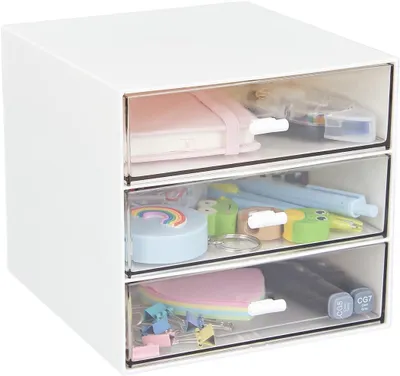 Imagen del producto de Organizador de escritorio con 3 cajones, transparente, de plástico, para material de oficina