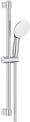 A chrome shower rail with a handheld shower head attached.