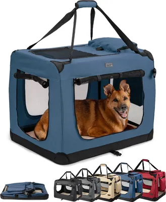Produktbild von lionto Hundetransportbox faltbar, stabile Stoffbox mit Mesh-Einsätzen, ideal für Auto, Reise & Tierarzt, 82x58x58 cm, dunkelblau