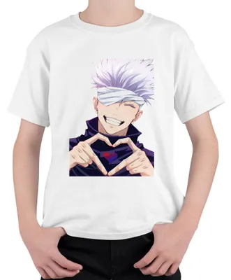 Immagine prodotto di Maglietta unisex per bambini con motivo Jujutsu Kaisen Gojo Satoru con benda sugli occhi, stile anime, cuore, regalo, bianca, taglia 116