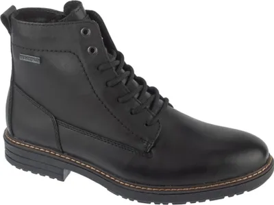 A black leather boot on a white background.