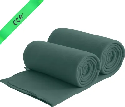 Obrázek produktu pro Sada 2 eko fleecových přikrývek ze 100% recyklovaného materiálu 130x160 cm cca 400 g - tmavě zelená, těžká, s ochranou proti žmolkování a osnovním okrajem