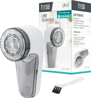 Product packaging with a lint remover and a cleaning brush shown.