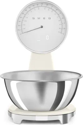 A kitchen scale with a stainless steel bowl.
