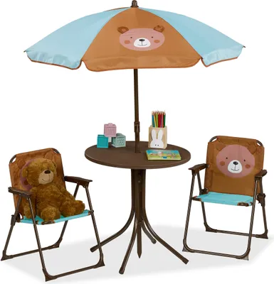 Produktbild von Relaxdays Camping Kindersitzgruppe, Bär Motiv, Kindersitzgarnitur mit Sonnenschirm, Klappstühlen & Tisch, Garten, braun