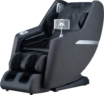 A dark gray massage chair is shown against a white background.
