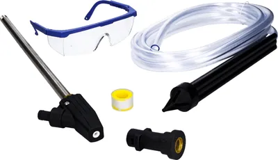 A collection of sandblasting equipment, including safety goggles, a sandblasting gun, a hose, and connectors, laid out on a white background.