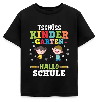 Produktbild von Spreadshirt Tschüss Kindergarten Hallo Schule Einschulung Kinder T-Shirt, 110/116 (5-6 Jahre), Schwarz