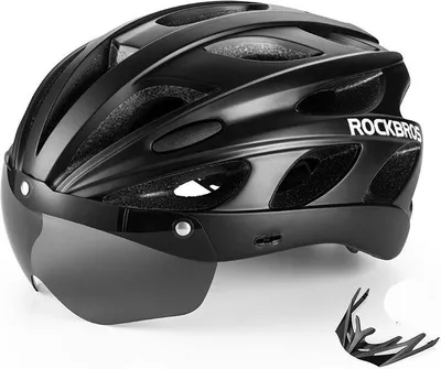 Produktbild von ROCKBROS Fahrradhelm Schwarz Unisex mit abnehmbarer Visier-Schutzbrille und hochdichtem EPS-Schaumstoff, für Mountainbike & Rennrad, 58-61cm, 281g