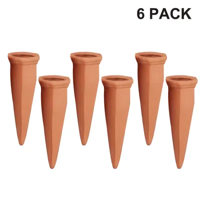 Six terracotta plant watering spikes are arranged on a white background, with the text '6 PACK' in the upper right corner.
