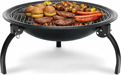 Immagine prodotto di Braciere da giardino con funzione grill e coperchio 55 cm, nero in acciaio, per falò e grigliate, griglia cromata, portatile, con attizzatoio