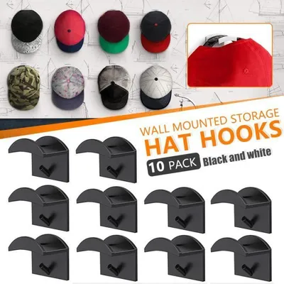 Produktbild von 10 schwarze Wandhaken für Hüte, selbstklebende Baseballkappenhalter ohne Bohren, für Wohnzimmer und Schlafzimmer