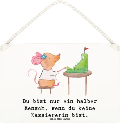 Produktbild von Mr. & Mrs. Panda Wandbild Holz Kassiererin Herz DIN A6 - Weiß - Geschenk, wandtafel, Spruch, kleine aufmerksamkeit, Holzschild, Schild, Lustig, Türschild, Witzig