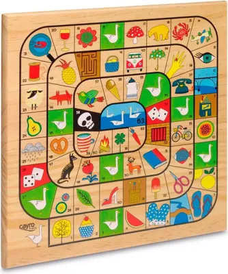 A wooden board game with colorful illustrations on squares.