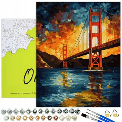 Produktbild von Oh Art! Malen nach Zahlen Stadt Erwachsene & Kinder – Golden Gate Bridge San Francisco 40 x 50 cm Set mit Rahmen Acrylfarben, 3 Pinseln und Zubehör