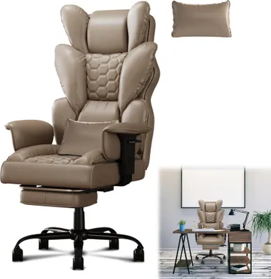 A beige ergonomic office chair with a footrest is shown in a studio setting, with a smaller image of the same chair in a home office setup.