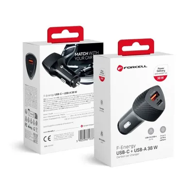 Produktbild von Forcell Autoladegerät USB+ USB-C 38W Power Delivery 3.0, Carbon Design – Schwarz