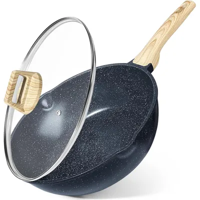 Image de Poêle à frire avec couvercle, 30 cm, bords hauts, revêtement antiadhésif en céramique, compatible avec les plaques à induction, couleur grise