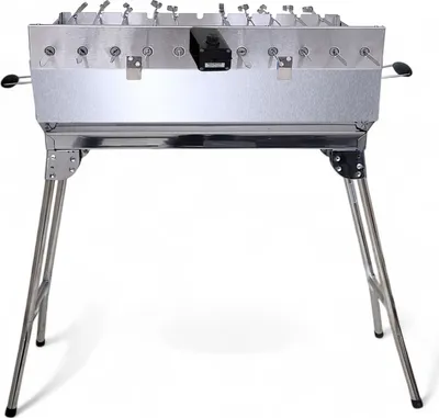 A stainless steel mangal grill with a motor and skewers, presented on a white background.