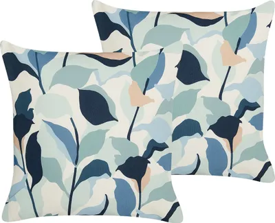 Produktbild von BELIANI Gartenkissen 2er Set Blau / Weiß 45 x 45 cm Quadratisch Blättermotiv Blättermuster Outdoor Kissen für Garten Terrasse