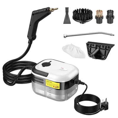A steam cleaner and its accessories are displayed against a white background.
