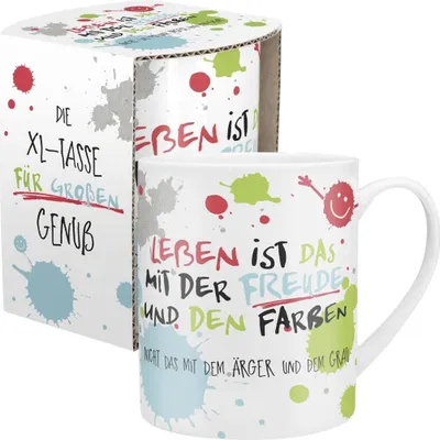 Produktbild von Happy Life 45358 XL Tasse mit Motivdruck: "Leben ist das mit der Freude und den Farben. Nicht das mit dem Ärger und dem Grau", mit Geschenkbanderole