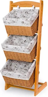 Image de 3 paniers pliables en bois massif avec pochette à fleurs