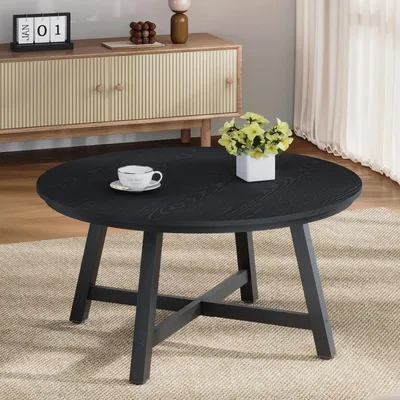 Obrázek produktu pro Průmyslový konferenční stolek - Kulatý obývací stolek o průměru 91 cm - Stolová deska s vzhledem dřeva - Stabilní kovové nohy - Nastavitelné nožičky - Černá barva
