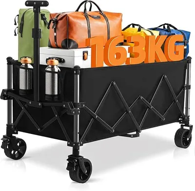 Zdjęcie produktu dla Składany wózek transportowy 220L, udźwig 163 kg. Składany wózek z dużymi, terenowymi kołami i hamulcem. Lekki wózek do transportu, idealny na kemping, zakupy, do ogrodu i na aktywności na świeżym powietrzu