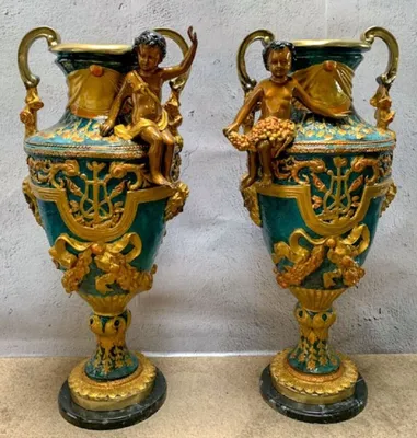 Immagine prodotto di Casa Padrino set di vasi barocchi multicolore / oro / nero 81 x 41 x h. 43 cm - Magnifici vasi in bronzo con base in marmo - Accessori per la decorazione barocca