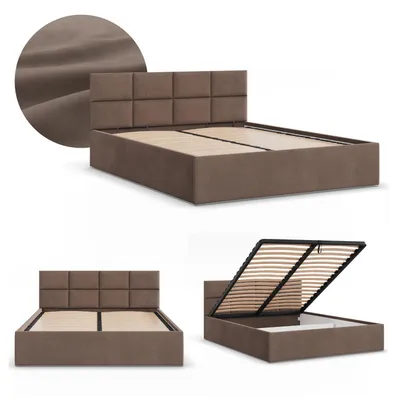 Produktbild von Polsterbett BORGO 140x200 mit Bettkasten, Metall-Lattenrost klappbar, Doppelbett mit Stauraum und gepolstertem Kopfteil Braun Samt