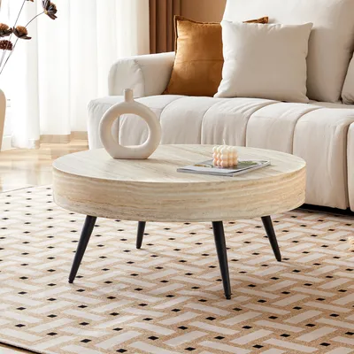Produktbild von Runder Couchtisch 70 cm, helle Travertin-Holzoptik, MDF, schwarze Metallbeine