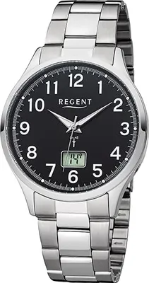 A close-up studio shot of a men's wristwatch with a silver metal band and a black dial.