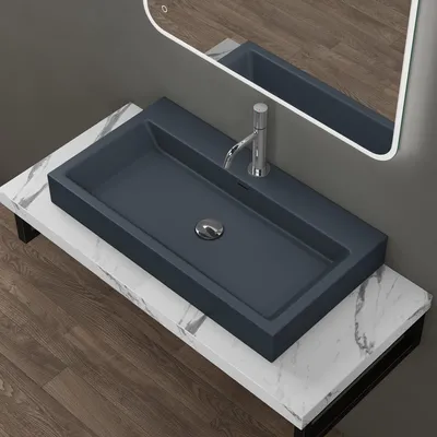 Image de doporro Vasque à Poser 76,5cm Lavabo Suspendu Gris Noir Mat Colossum06 Fonte Minérale Solid Surface 76,5x42x10cm