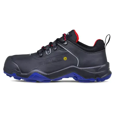 A side view of a black safety shoe with a blue sole and red accents.
