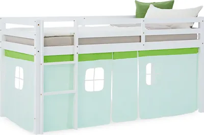 Image de Lit superposé 90x200 cm Lit mezzanine en Bois Pin Massif Lit d'enfant Cadre de Lit Rideau Vert