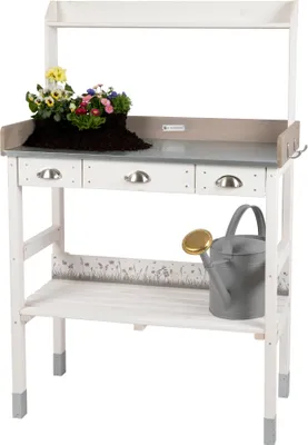Produktbild von WONDERMAKE Großer Pflanztisch weiß mit 3 Schubladen aus Holz wetterfest, Garten-Arbeitstisch XL für Outdoor draußen Balkon hochwertig, Gärtnertisch CO2-neutral, 85 x 45 x 130 cm, shabby chic, vintage, weiß grau