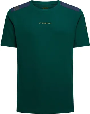 Ridge T-Shirt von La Sportiva in dunklem Grün mit blauen Akzenten auf den Schultern.