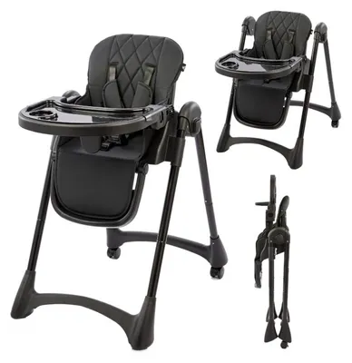 Image de Bebies First chaise haute Noir – chaise haute pliable avec assise réglable, roulettes et grande tablette, rangement peu encombrant