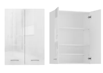 Two views of a white cabinet against a white background.